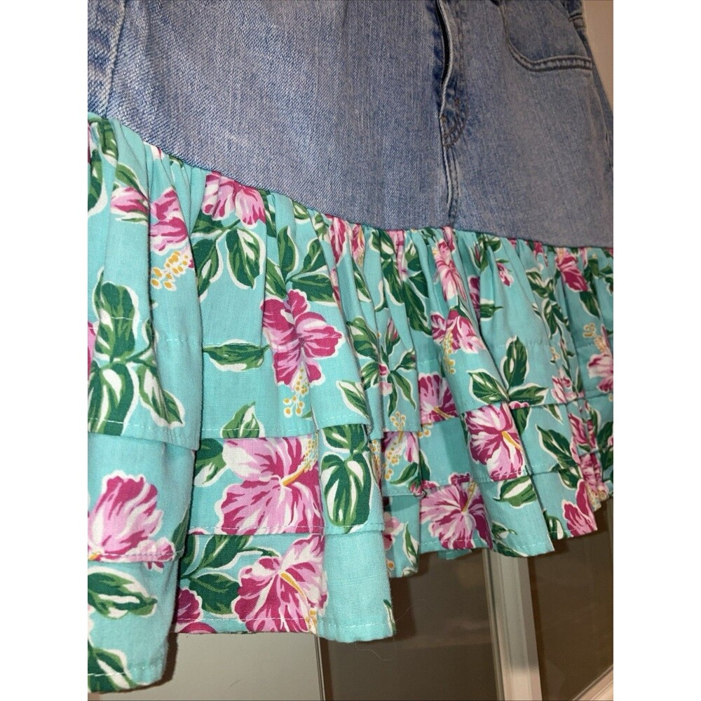 Levi’s Denim Mini Skirt 10 Upcycled Floral Ruffle Y2K Twee Festival Rodeo Boho - Picture 4 of 11